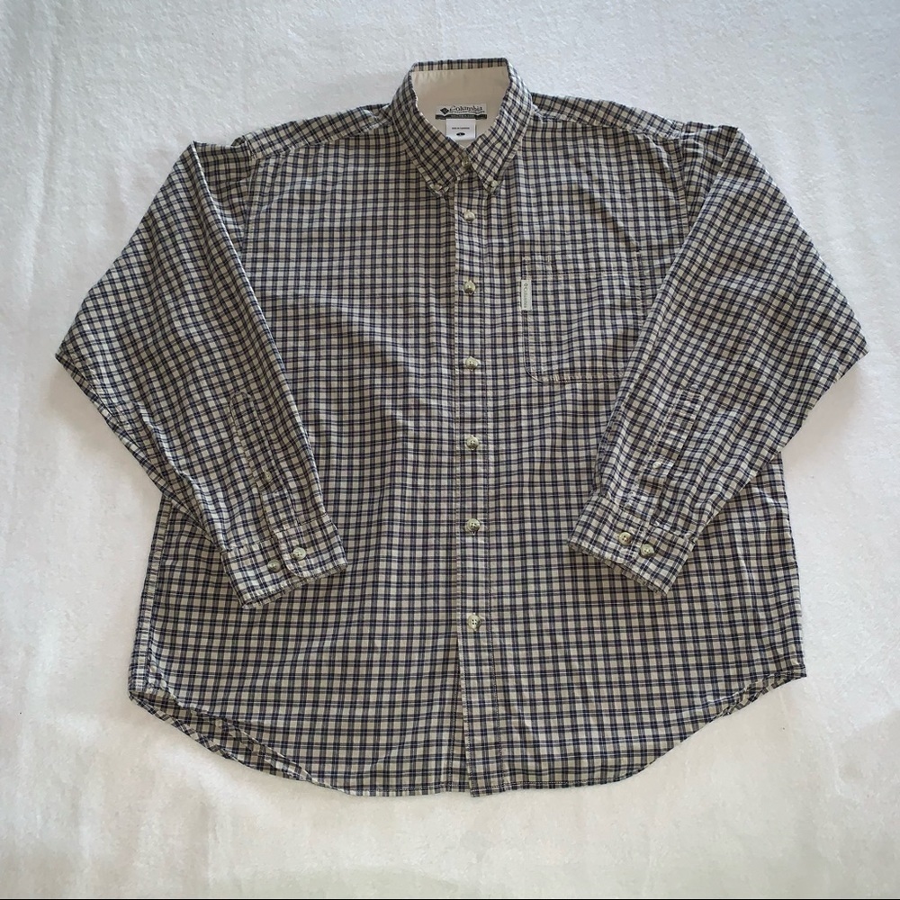 Columbia Mens Button Down Navy/Beige Plaid Size Large